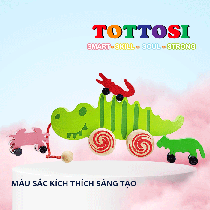 Xe kéo Cá sấu đồ chơi gỗ cho bé trong độ tuổi tập đi hiệu Tottosi