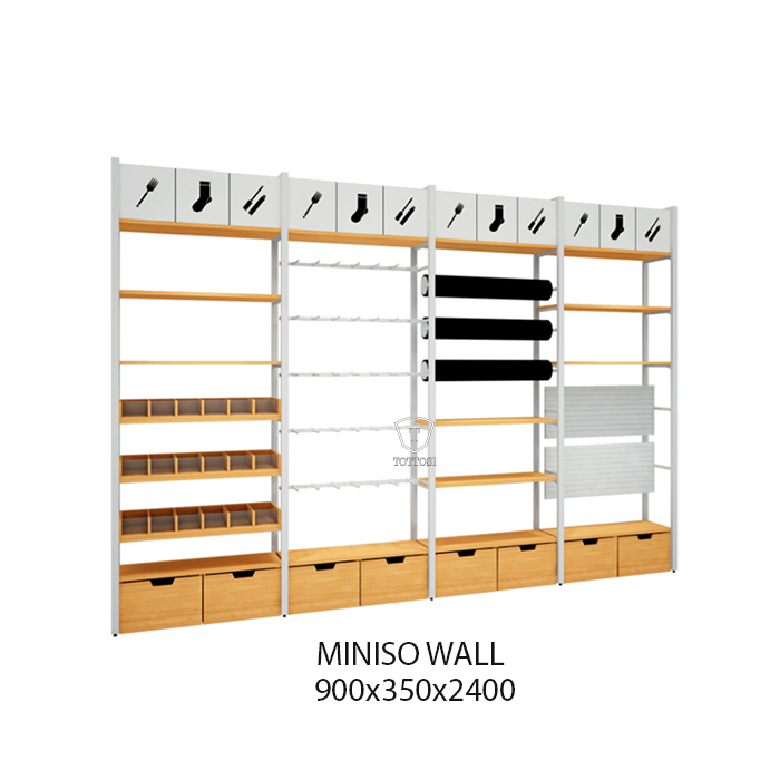 Tủ kệ áp tường cao 2m4 Miniso bằng sắt sơn tĩnh điện và gỗ MDF melamin