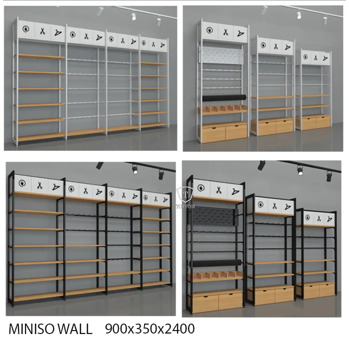 Tủ kệ áp tường cao 2m4 Miniso bằng sắt sơn tĩnh điện và gỗ MDF melamin