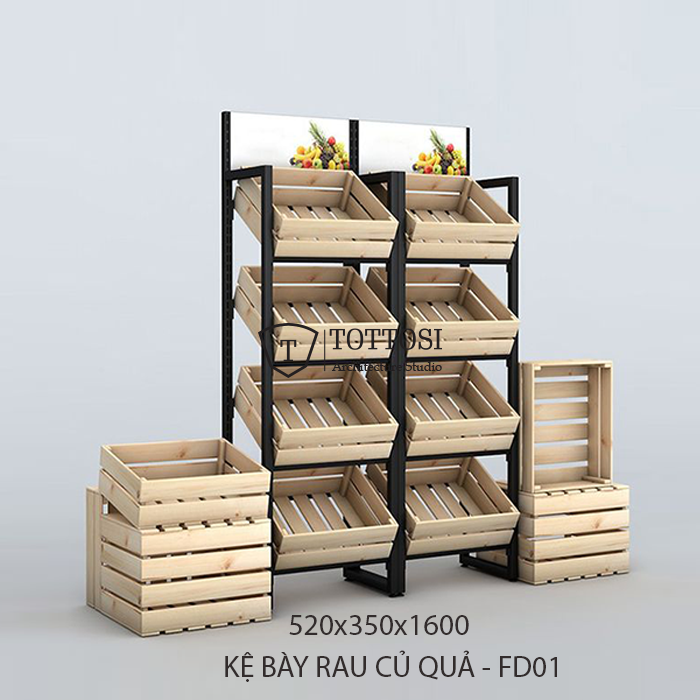 Kệ rau củ quả KTB02 bằng khung sắt và gỗ thông 530x320x1600mm