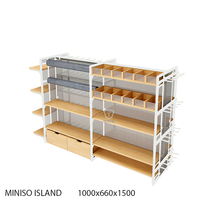 Kệ đảo cao 1m5 Miniso bằng sắt sơn tĩnh điện và gỗ MDF melamin